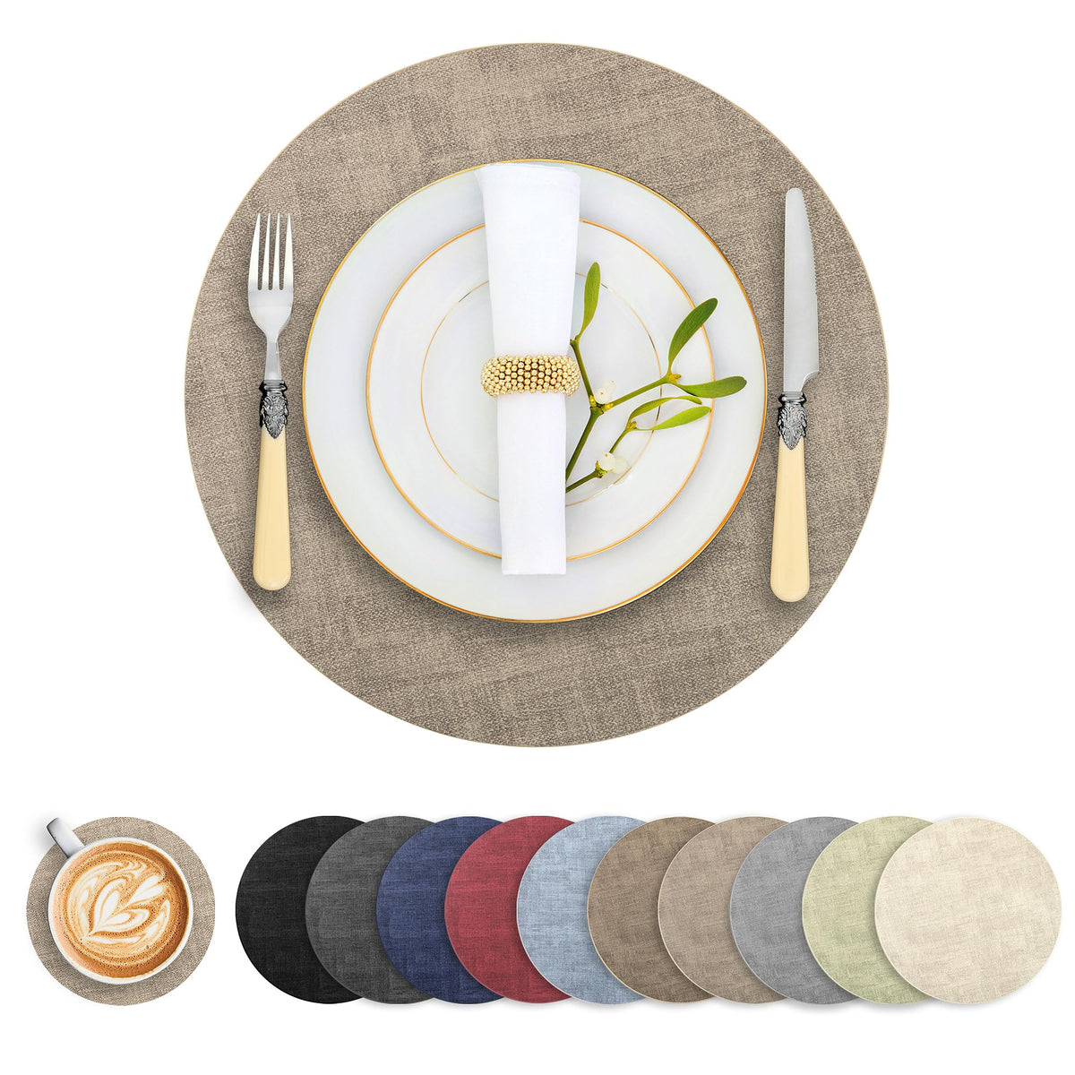 Round Faux Leather Placemats and Coasters, Set of 6, Reversible Heat Resistant Non-Slip Table Mats, Waterproof Wipeable Place Mats for Dining Table, Washable for Indoor & Outdoor (6, Beige)