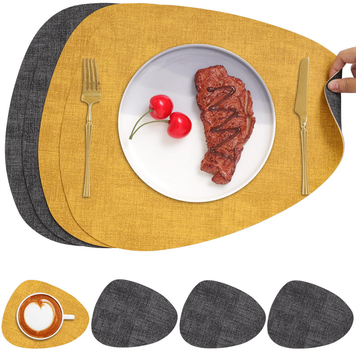 Faux Leather Placemats Set of 4, Dual Sided with Drink Coasters