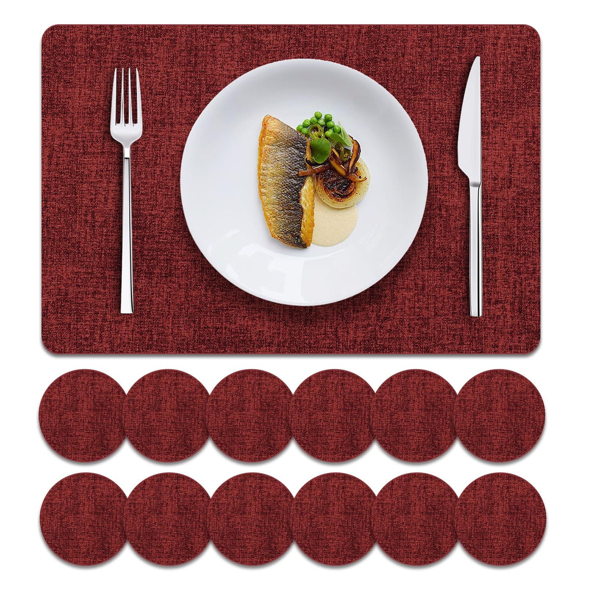 MOSAYT Placemats Set of 8, Heat Resistant Vinyl Place Mats with Coasters, Wipeable Washable 100% Waterproof Oil Proof Faux Leather Table Mats for Kitchen Dining Party Outdoor, 12" x 17", Orange