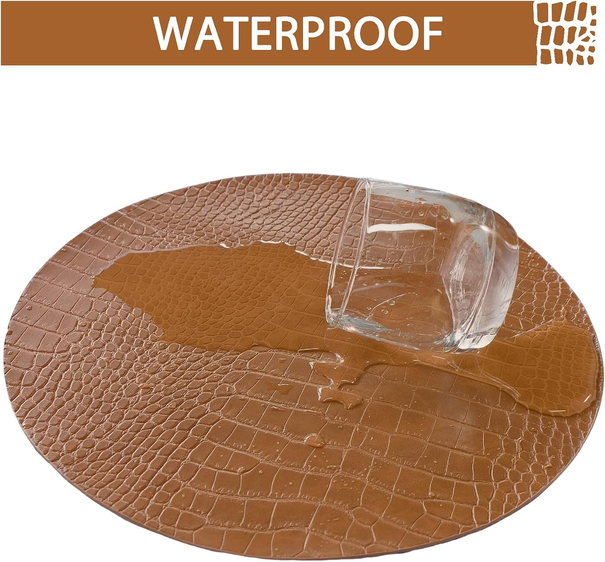 Jovono Round Leather Placemats for Round Tables Set of 4, Brown Place Mats and Coasters, Wipeable Waterproof Heat Resistant Table Mats Easy to Care for Indoor Decor 13 inch Diameter