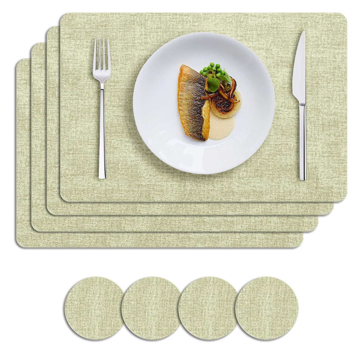 MOSAYT Placemats Set of 8, Heat Resistant Vinyl Place Mats with Coasters, Wipeable Washable 100% Waterproof Oil Proof Faux Leather Table Mats for Kitchen Dining Party Outdoor, 12" x 17", Orange