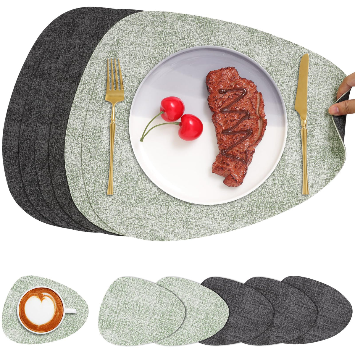 Faux Leather Placemats Set of 4, Dual Sided with Drink Coasters