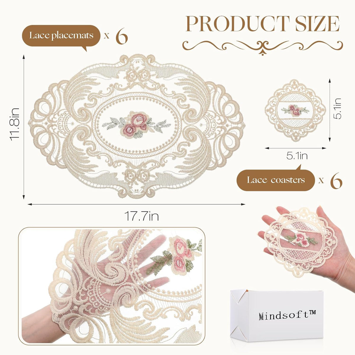Mindsoft 12 Pcs Lace Placemats, Vintage Crochet Doilies for Tables