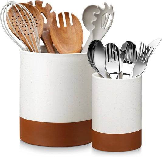 MALACASA Utensil Holder, 7.3"+5.5" Ceramic Kitchen Utensil Holder for Countertop, Large Cooking Utensil Crocks for Kitchen Counter, Farmhouse Utensils Organizer, Set of 2, Khaki White, Series TARA