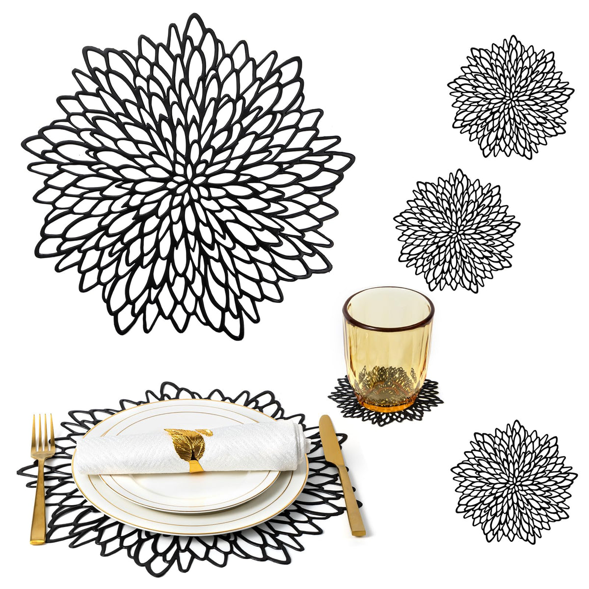 Gold Placemats Set of 8 Table Mats Gold Charger Plates Place Mats & 8 Pcs Coasters Wipeable Modern Holiday Round Placemats for Christmas Thanksgiving Farmhouse Wedding Dining Table Setting Decor