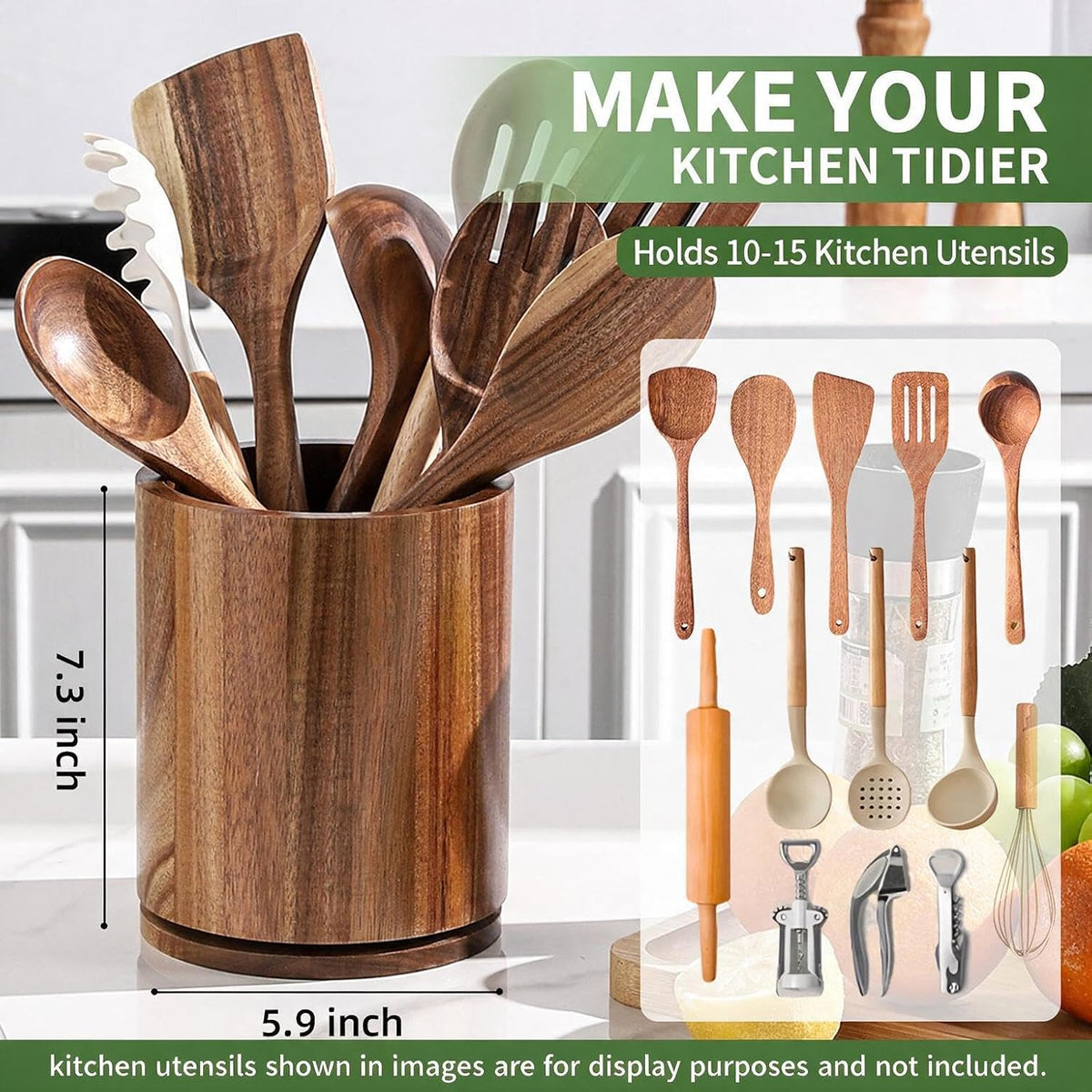 Acacia Wood Utensil Holder, 360° Rotating 7.3 in Kitchen Organizer