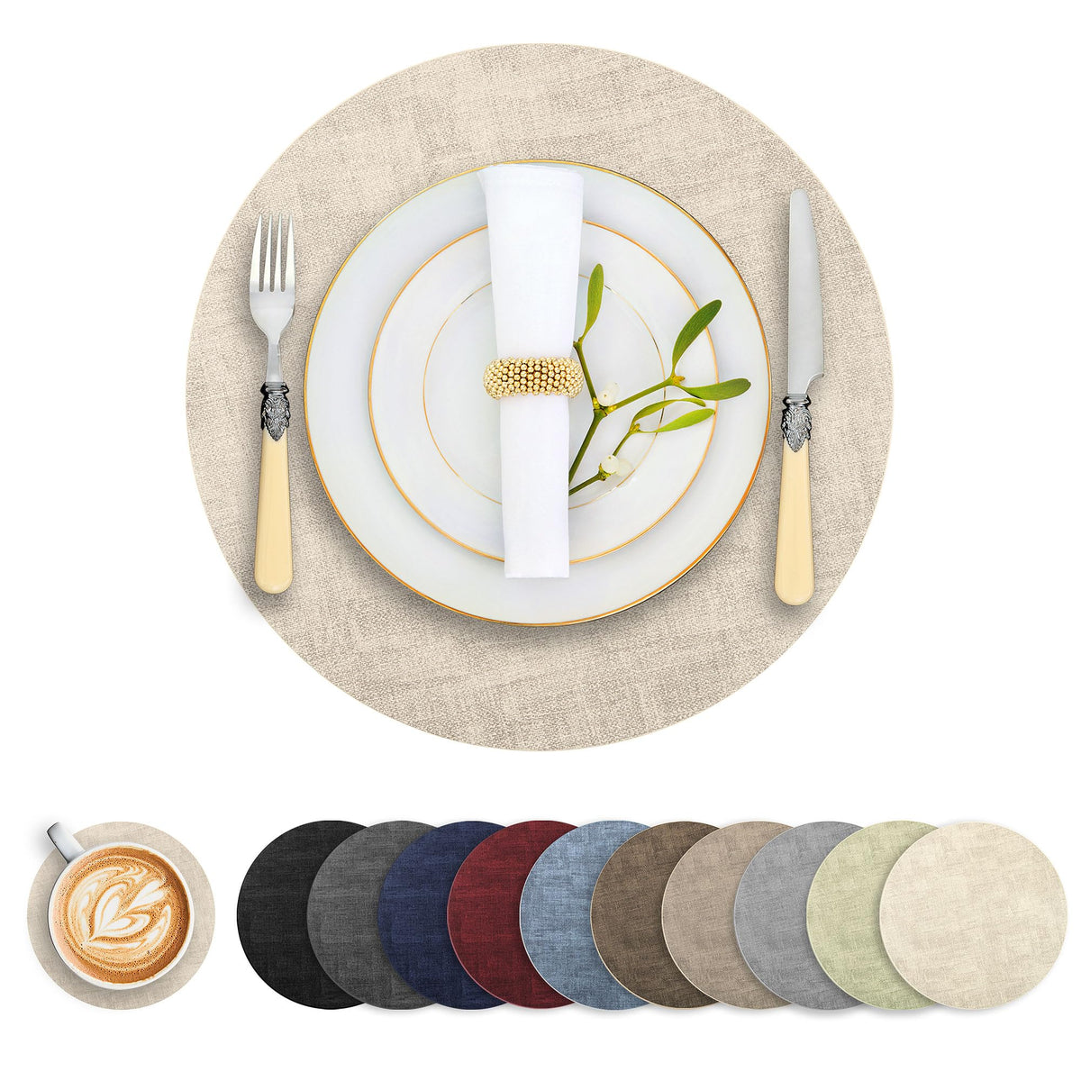 Round Faux Leather Placemats and Coasters, Set of 6, Reversible Heat Resistant Non-Slip Table Mats, Waterproof Wipeable Place Mats for Dining Table, Washable for Indoor & Outdoor (6, Light Brown)