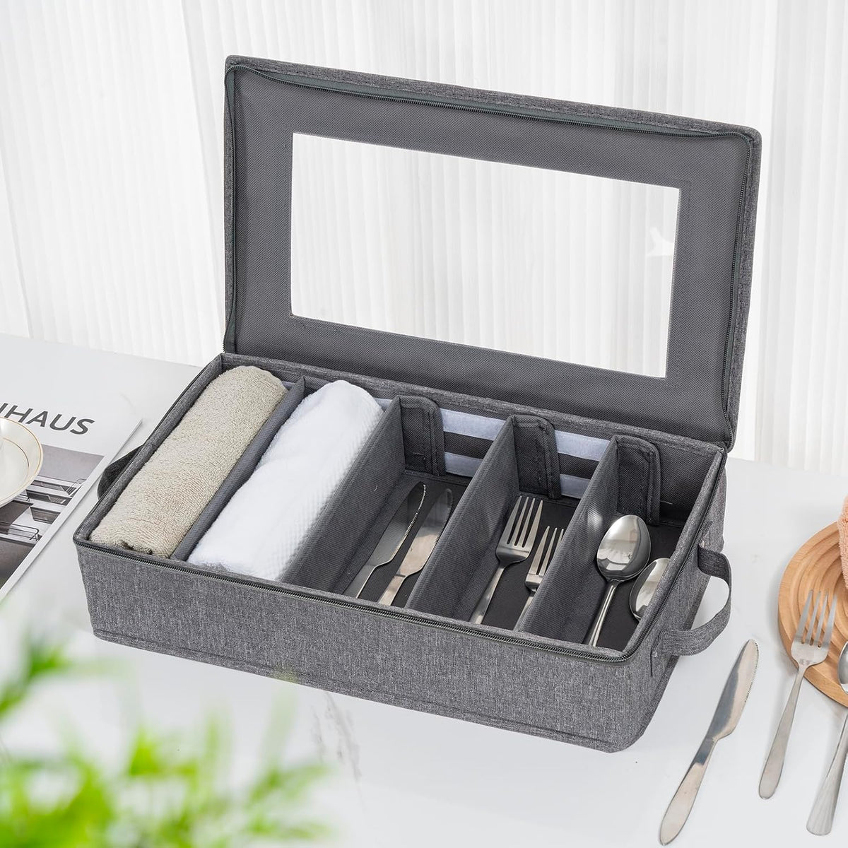 Silverware Storage Box Chest with Dividers, Flatware Utensil Storage Case,