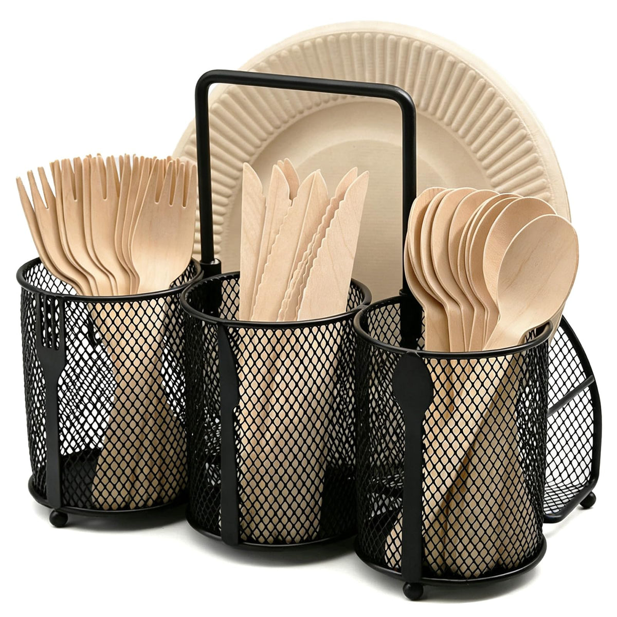 Silverware Organizer Utensil Caddy - 4 Compartment Metal Cutlery Holder Flatware Storage Basket Fork Spoon Napkin Paper Plate Kitchen Countertop Party Picnic Camping Buffet Outdoor (Black)