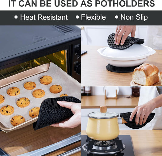 4 PCS Silicone Trivets for Hot Pots and Pans, Hot Dishers, Heat Resistant Pot Holders for Kitchen, Multipurpose Non-Slip Hot Pads Mats Coasters for Kitchen Countertop Protector, Table, Black