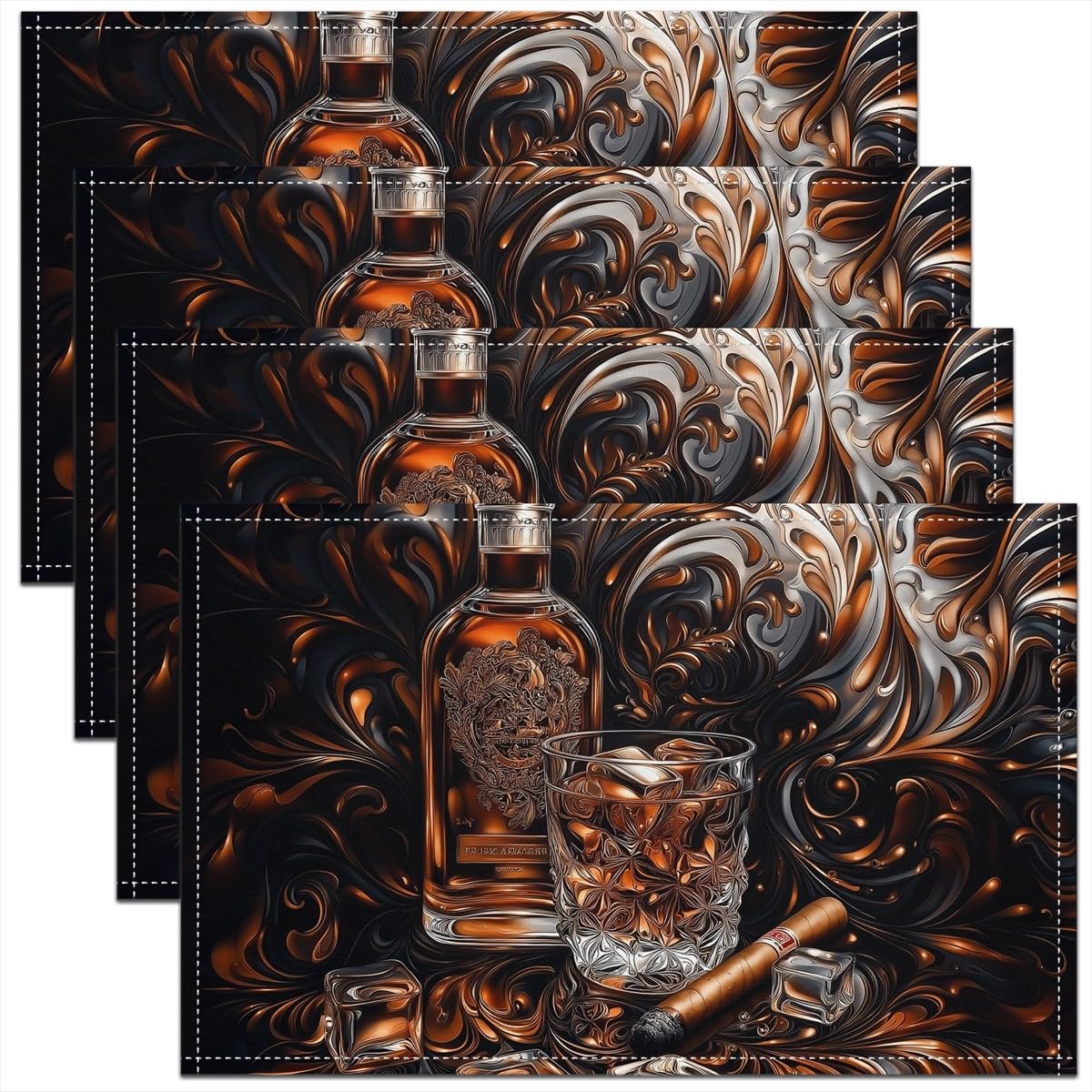 Whisky Placemats for Dining Table,Bar Wine Time Whisky Ice Glass Waterproof Table Place Mat for Party Decor,Rustic Brown Wooden Plank Retro Farmhouse 12"x18" Indoor Table Mats Set of 4