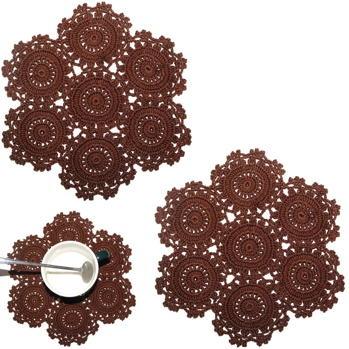 2PCS 10 Inch Sunflower Crochet Place Mats Lace Doilies Coasters Handmade Round Spliced Sunflower Table Cup Mats Easter Mother's Day Decoration,Red