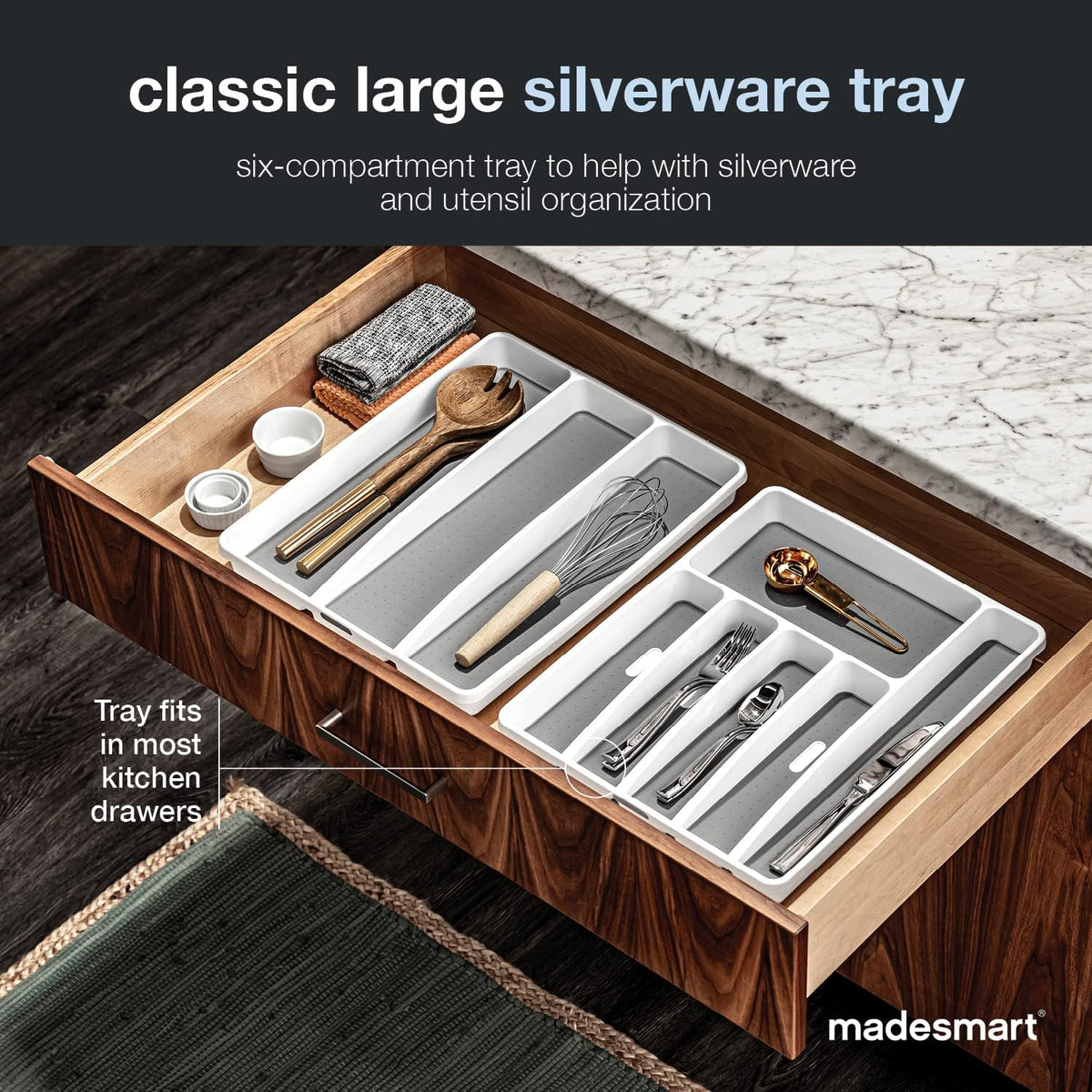 madesmart Classic 6 Compartment Silverware Tray, White