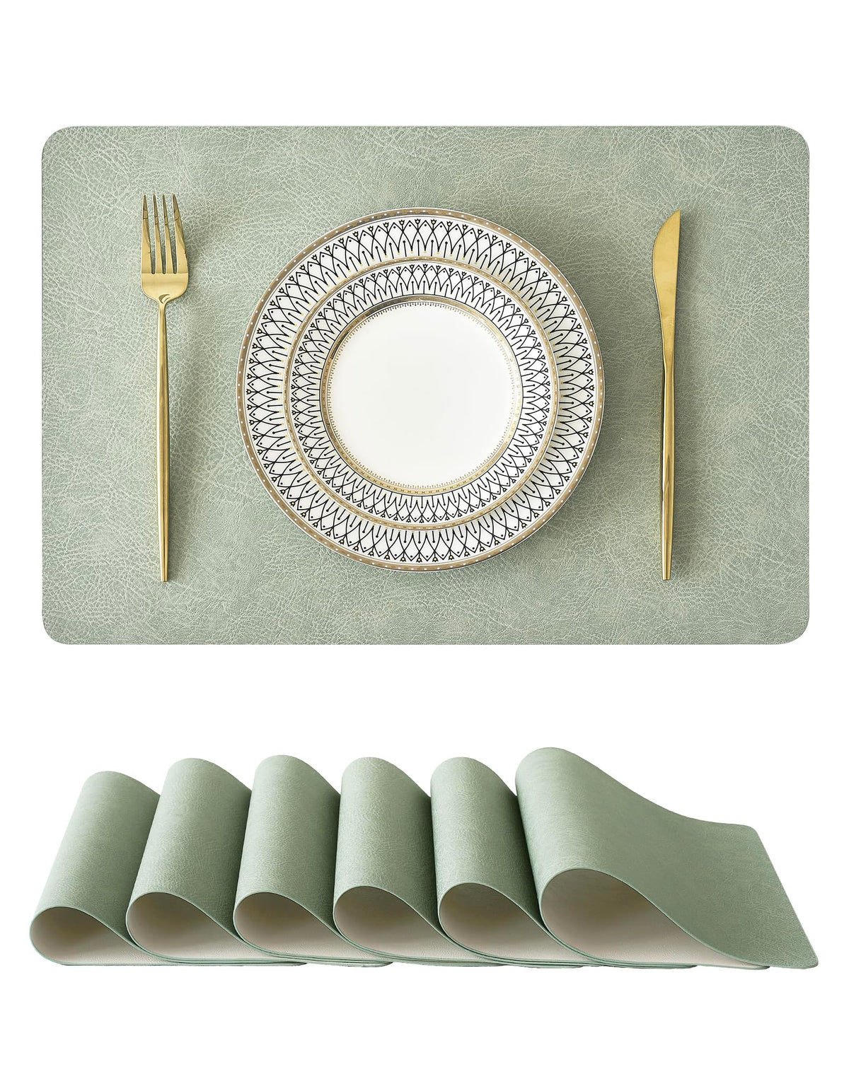 Reversible Faux Leather Placemats and Coasters Set of 4, 12x17 Inch – Hotel-Quality Heat Resistant & Waterproof Wipeable Table Mats, Non-Slip for Dining Kitchen (Mist Blue)