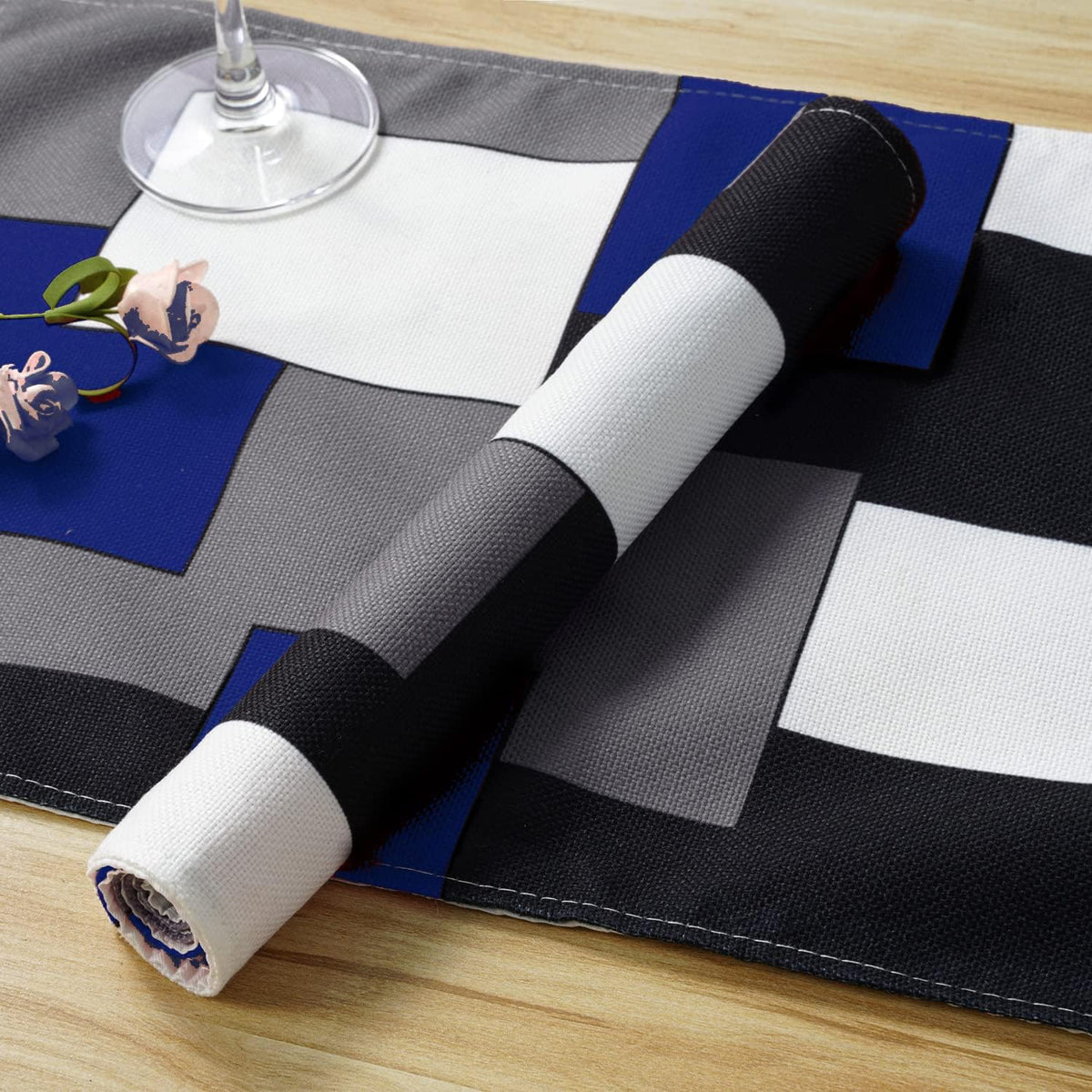 Blue Grey Black White Placemats Set of 4,Geometric Square Table Place Mats Waterproof Burlap Washable Dining Placemats for Home Kitchen Decorations (Blue Black, 12" Wx18 L)