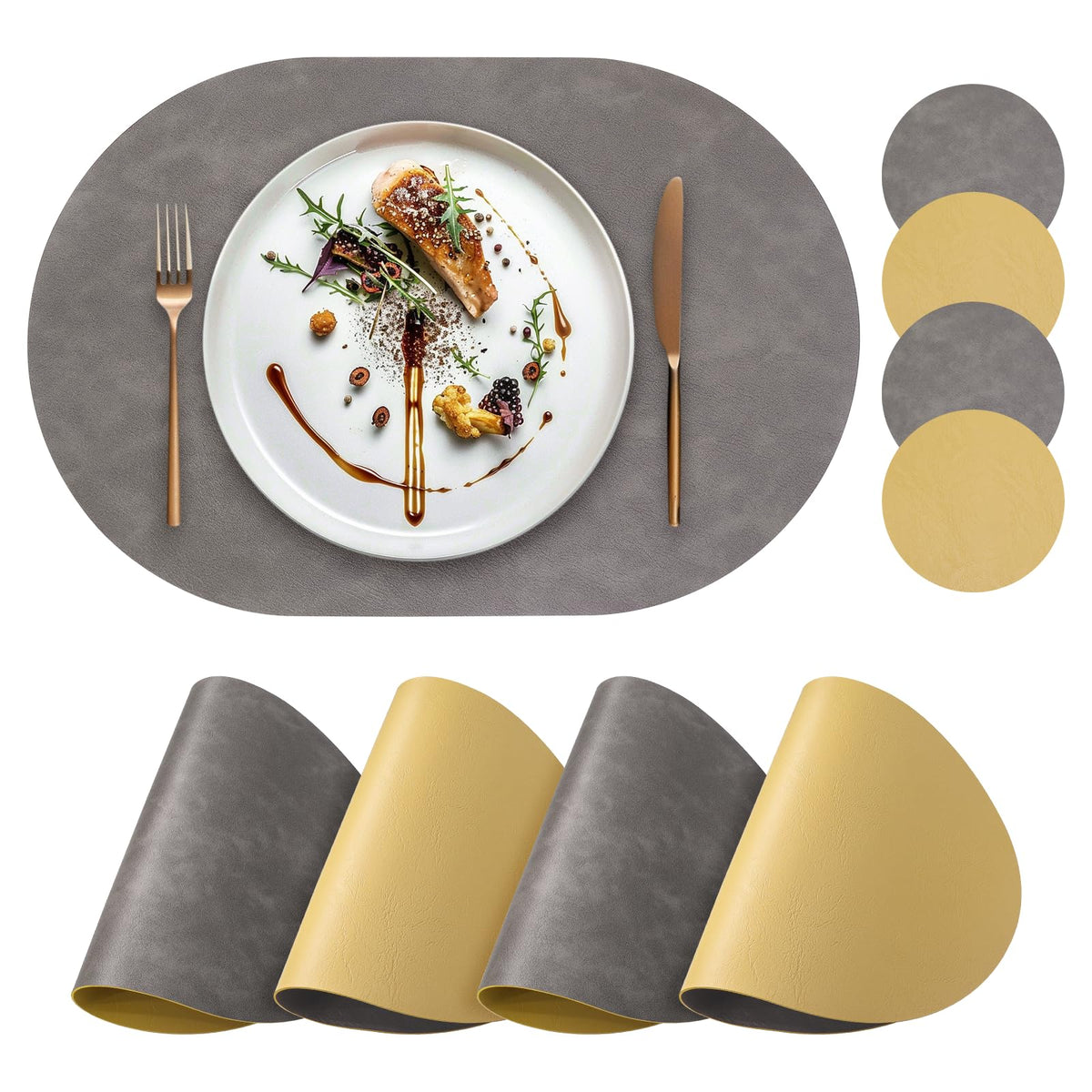 Faux Leather Placemats Set of 4 with Matching Coasters, Heat Resistant PU Oval Placemats, Waterproof Wipeable Washable Place Mats, Non-Slip Table Placemats for Dining Table Kitchen Patio