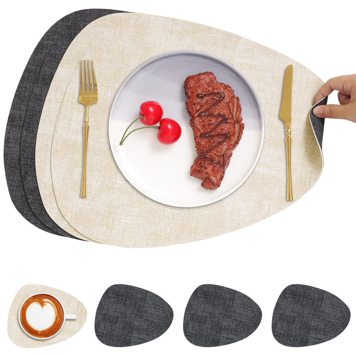 Faux Leather Placemats Set of 4, Dual Sided with Drink Coasters