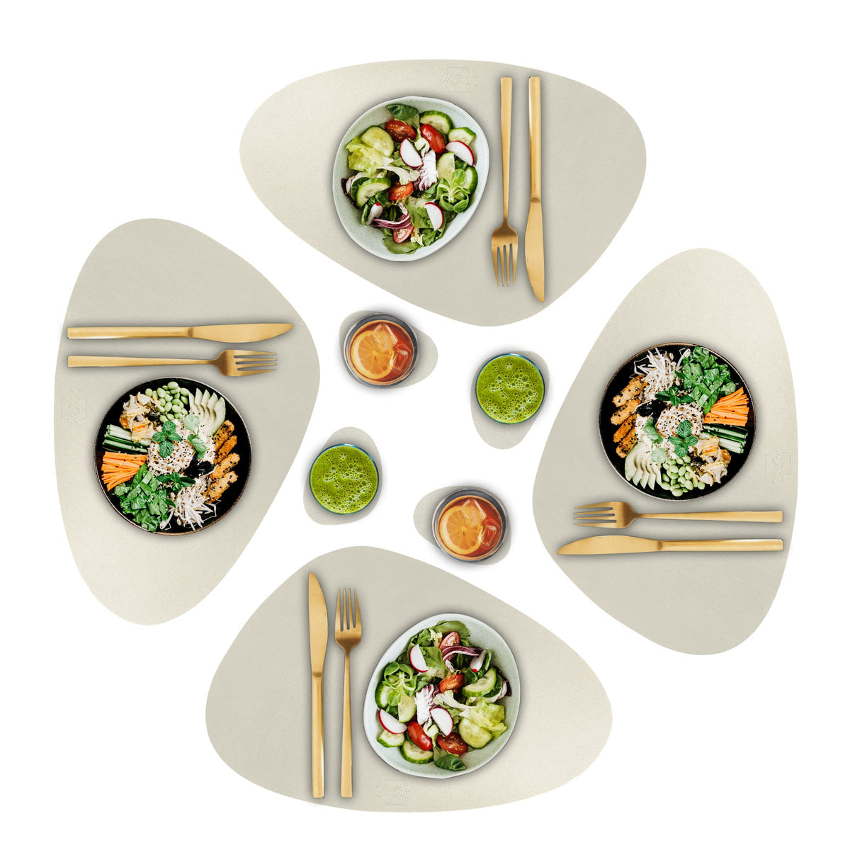 Faux Leather Placemats and Coasters - Set of 4 Round Modern Dark Green Table Mats for Dining - Heat Resistant, Waterproof & Non Slip Place mat for Indoor & Outdoor - Wipeable for Easy Care