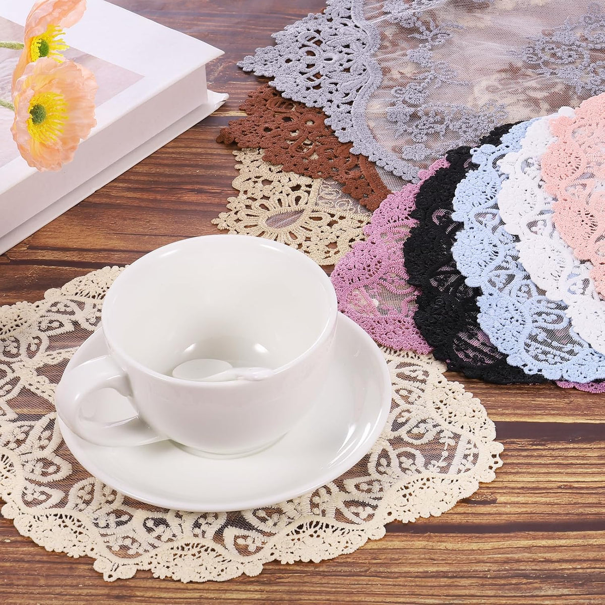 uxcell 2Pack Retro Lace Placemat 11x20-in Oval Embroidered Table Place Mats French Crochet Doilies Coasters Cup Mat for Home Wedding, Dark Grey