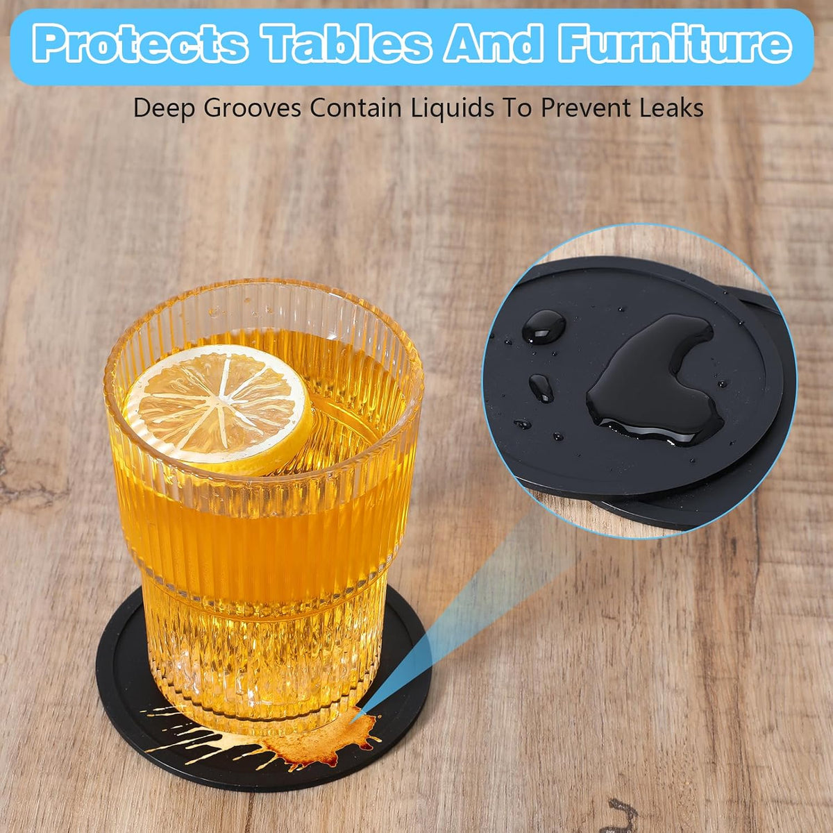 4pcs Silicone Drink Coasters, Non Slip Round Black Table Pads Desk Coasters Anti Stain & Heat Resistant Rubber Cushion Mat for Office Desk Kitchen Beverage Bar Coffee Tea