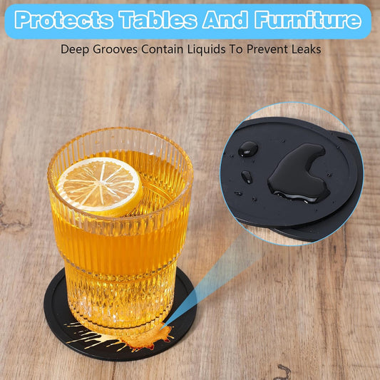 4pcs Silicone Drink Coasters, Non Slip Round Black Table Pads Desk Coasters Anti Stain & Heat Resistant Rubber Cushion Mat for Office Desk Kitchen Beverage Bar Coffee Tea