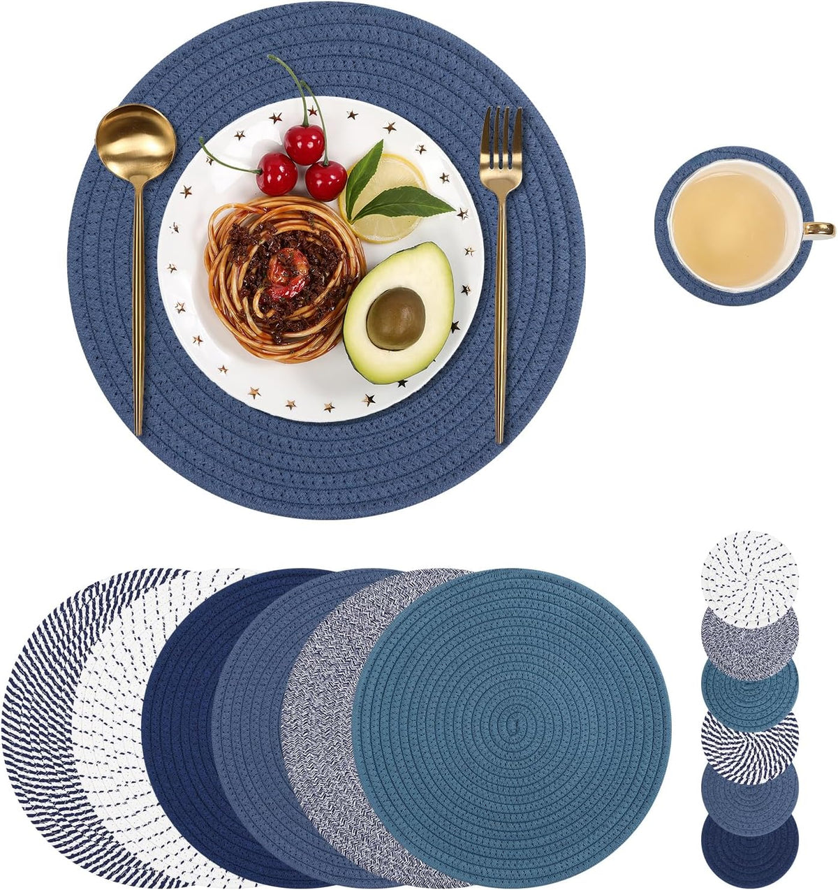 SHACOS Cotton Rope Woven Round Placemats Set of 6 with Coasters, 13 Inch