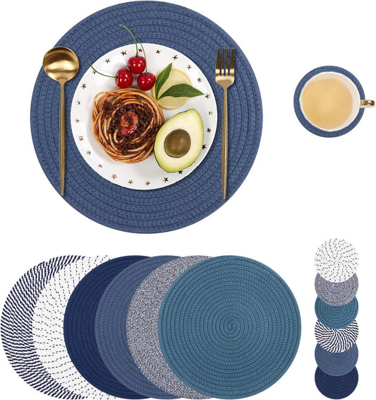 SHACOS Cotton Rope Woven Round Placemats Set of 6 with Coasters, 13 Inch
