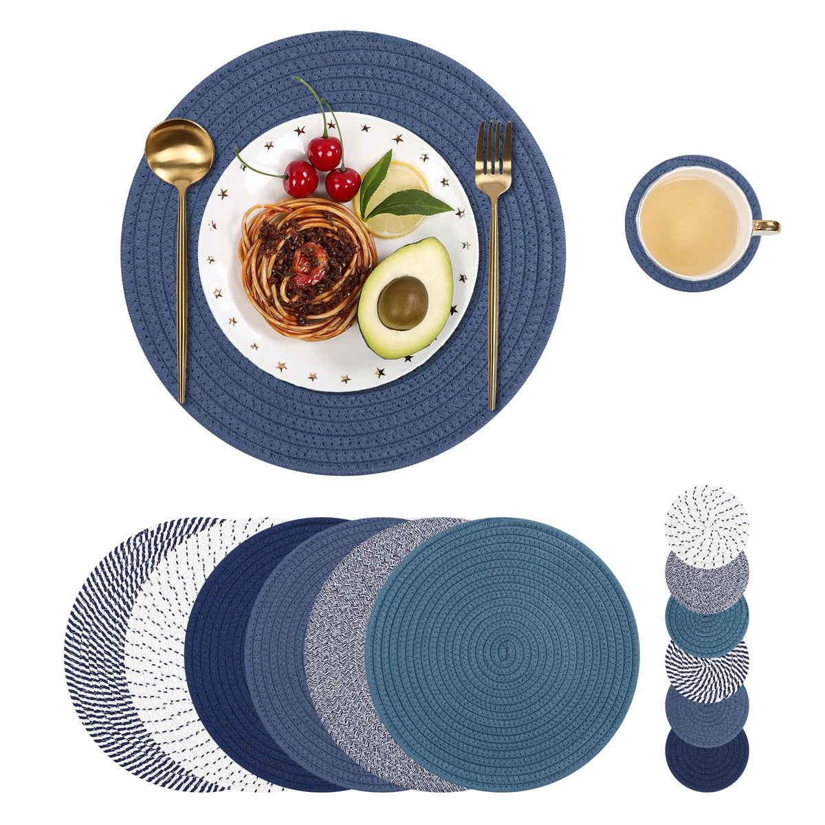 SHACOS Cotton Rope Woven Round Placemats Set of 6 with Coasters, 13 Inch