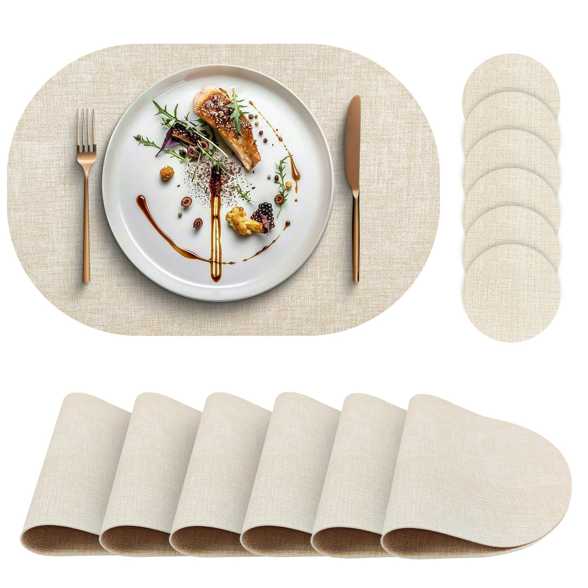 Faux Leather Placemats Set of 4 with Matching Coasters, Heat Resistant PU Oval Placemats, Waterproof Wipeable Washable Place Mats, Non-Slip Table Placemats for Dining Table Kitchen Patio