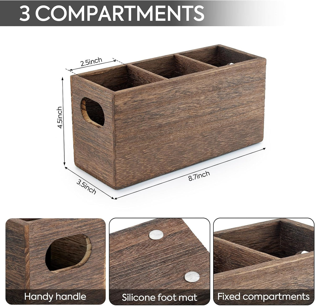 Wooden Utensil Holder Organizer for countertop, 3 Compartment Cutlery Caddy