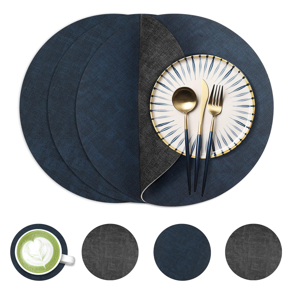 Fyvva Placemats Set of 6, 13" Round Reversible Faux Leather with Coasters