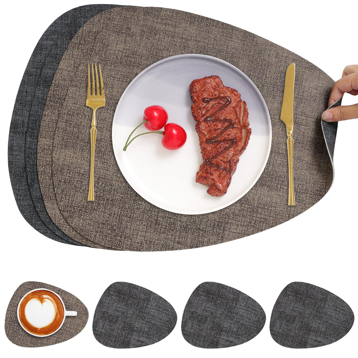Faux Leather Placemats Set of 4, Dual Sided with Drink Coasters