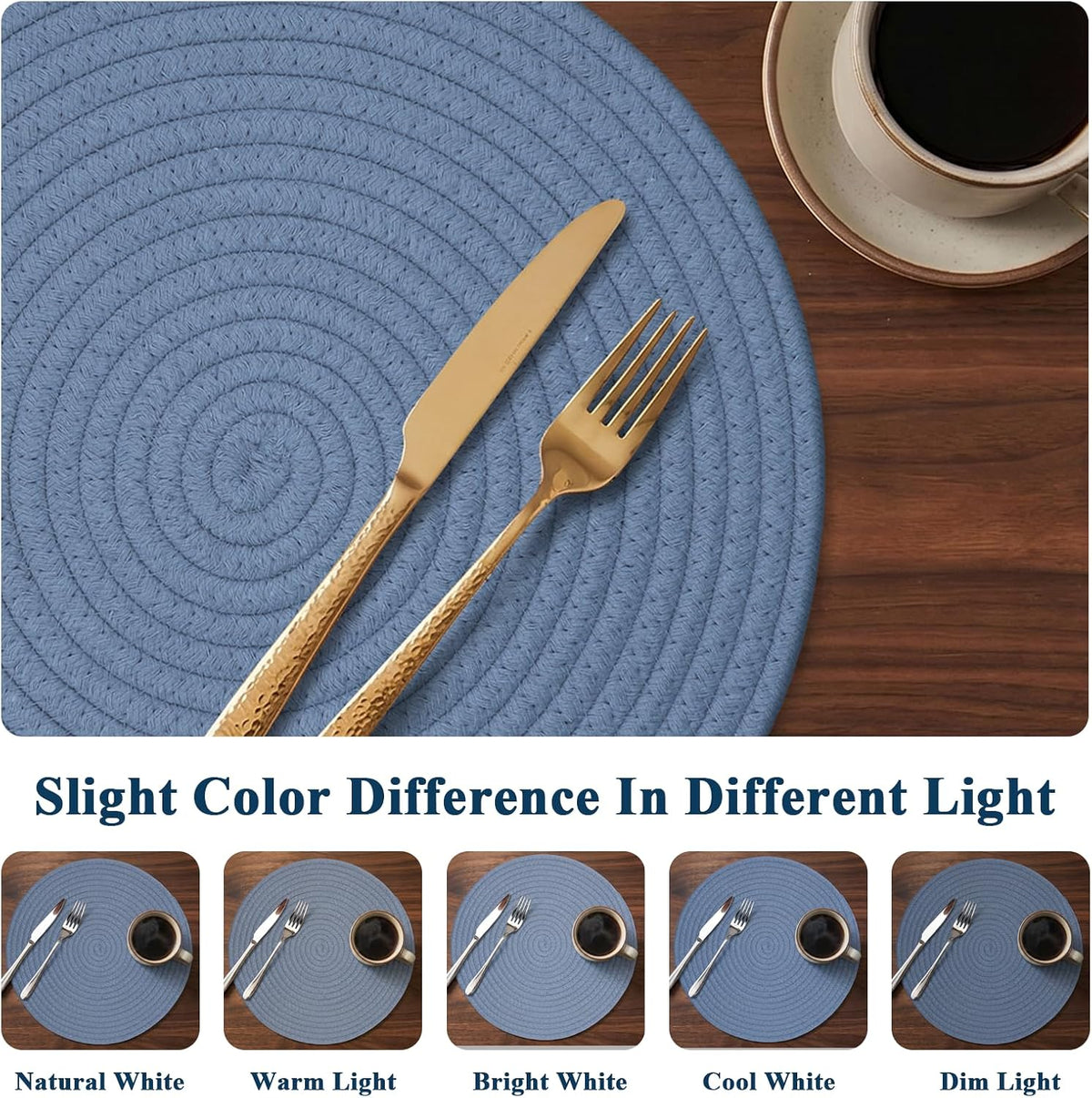 Round Woven Cotton Placemats Set of 4, Thick Braided Rope Table Mats, 13 Inches Non Slip Heat Resistant Place Mats, Farmhouse Boho Circular Hot Pads for Kitchen, Dining Table Decor (Blue 4 pcs)