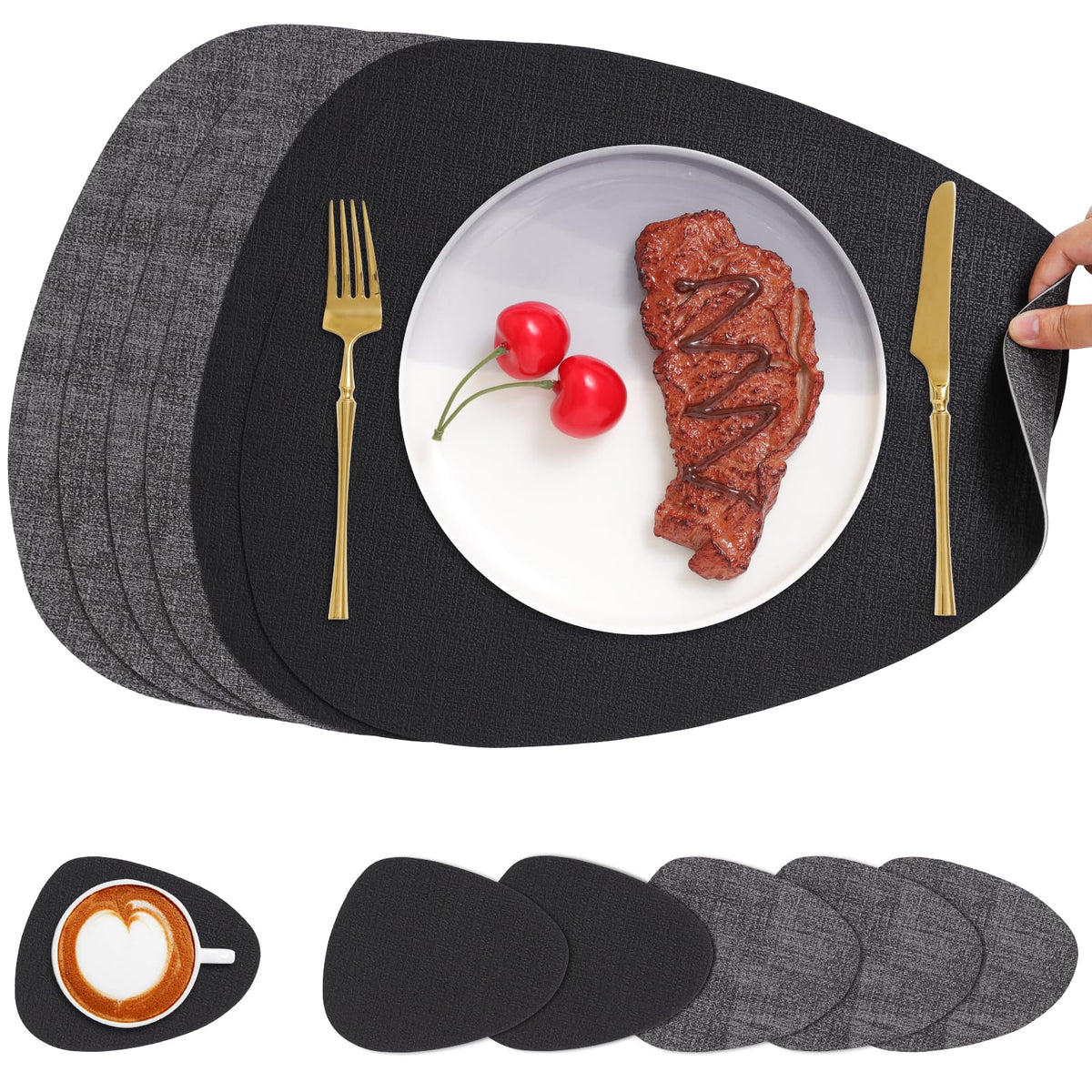 Faux Leather Placemats Set of 4, Dual Sided with Drink Coasters