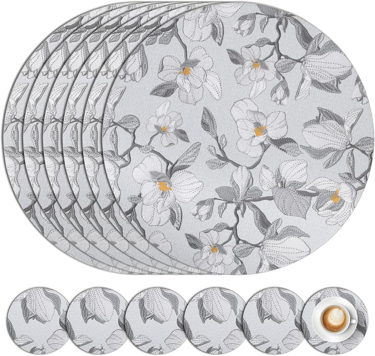 comfoyar Round Faux Leather Placemats Set of 6 with Coasters, 13inch Non-Slip Heat Resistant Dual-Sided Grey Flower Place Mats, Washable Waterproof Table Mats for Kitchen Dining Party Table Decoration