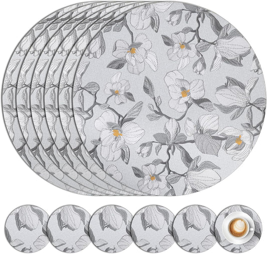 comfoyar Round Faux Leather Placemats Set of 6 with Coasters, 13inch Non-Slip Heat Resistant Dual-Sided Grey Flower Place Mats, Washable Waterproof Table Mats for Kitchen Dining Party Table Decoration