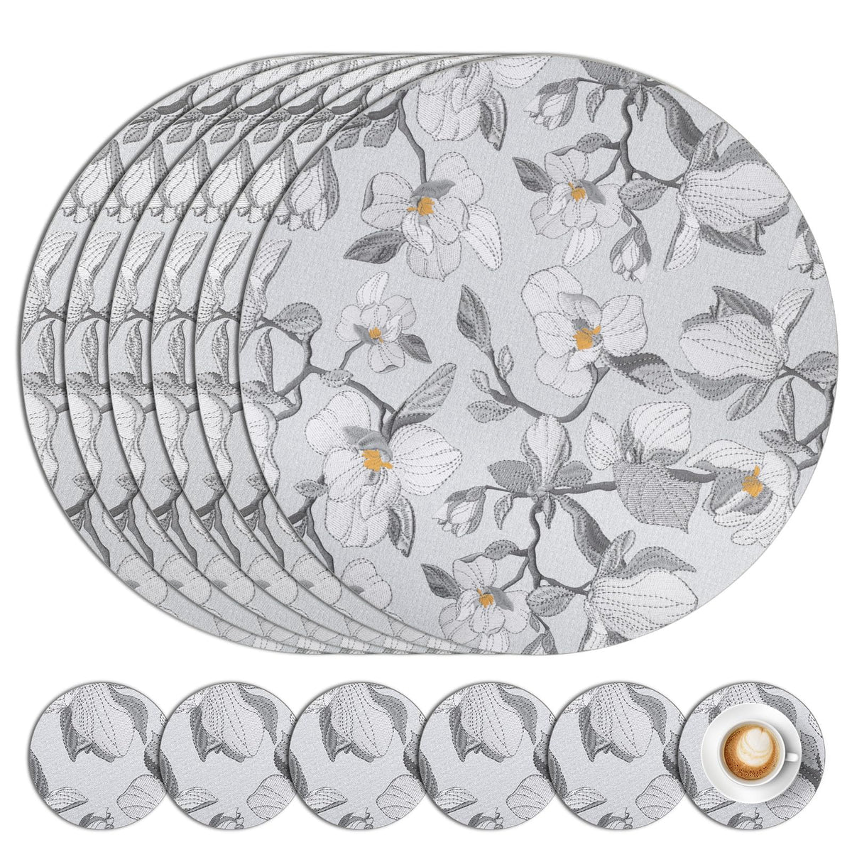 comfoyar Round Faux Leather Placemats Set of 6 with Coasters, 13inch Non-Slip Heat Resistant Dual-Sided Grey Flower Place Mats, Washable Waterproof Table Mats for Kitchen Dining Party Table Decoration