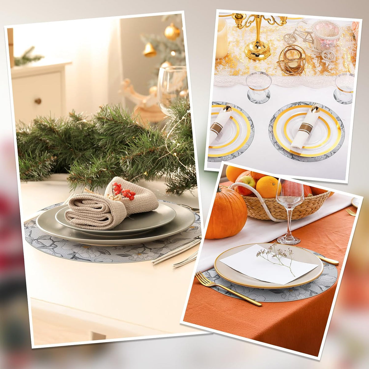comfoyar Round Faux Leather Placemats Set of 6 with Coasters, 13inch Non-Slip Heat Resistant Dual-Sided Grey Flower Place Mats, Washable Waterproof Table Mats for Kitchen Dining Party Table Decoration