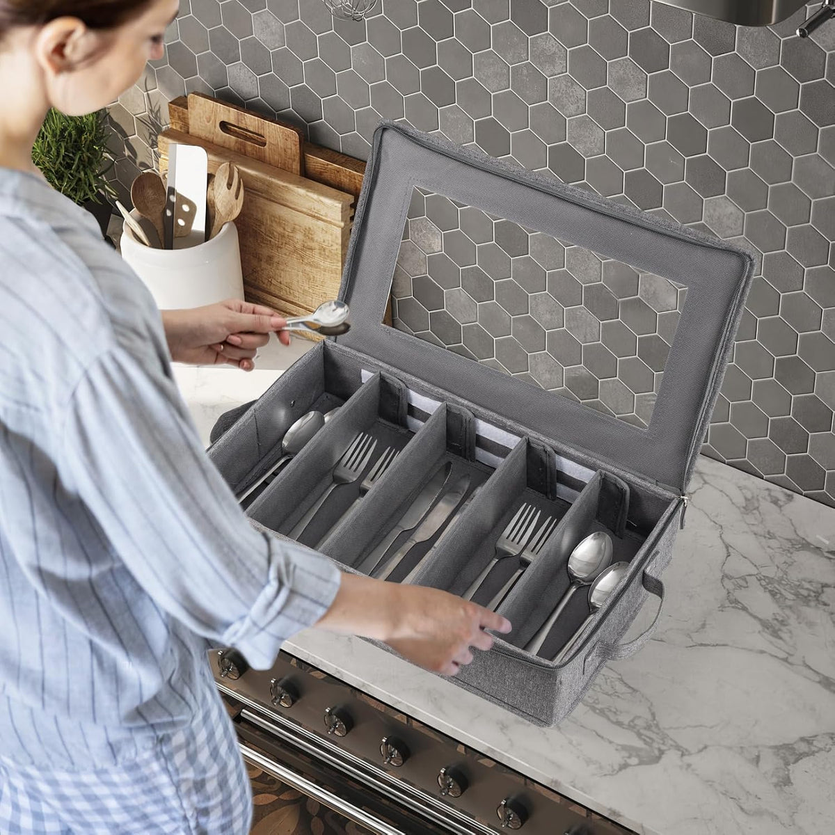 Silverware Storage Box Chest with Dividers, Flatware Utensil Storage Case,