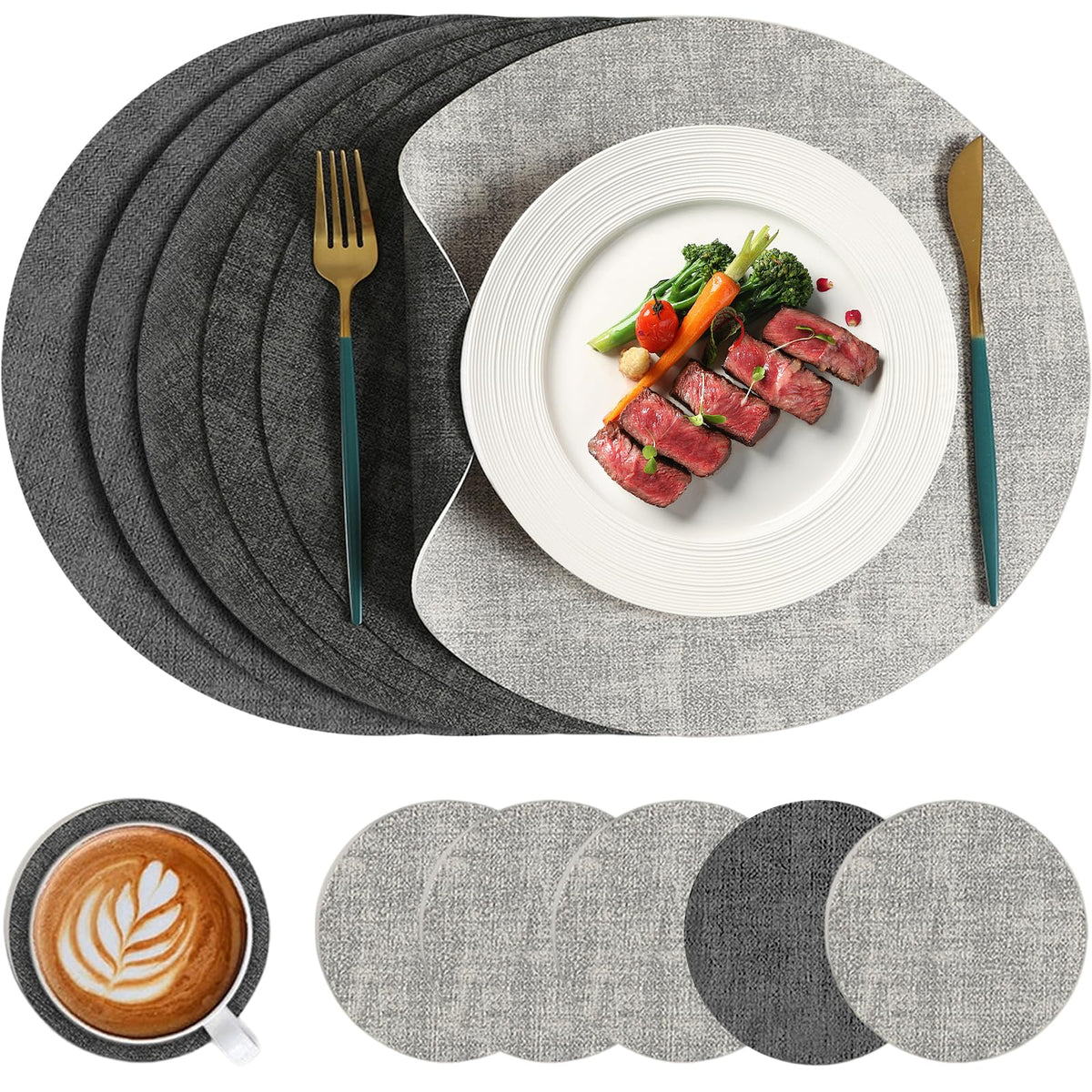 13" Round Placemats Set of 6 with Coasters,Reversible Faux Leather Heat Resistant Table Mats, 100% Waterproof Oilproof Wipeable Double-Sided Place Mats for Indoor/Outdoor Use (Beige) ﻿ ﻿