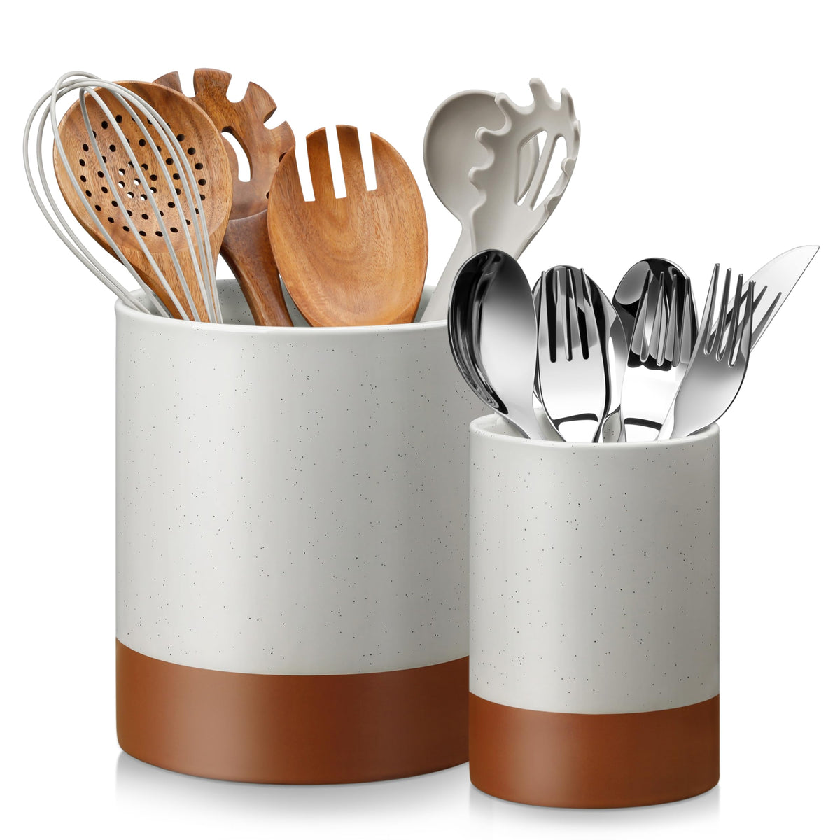 MALACASA Utensil Holder, 7.3"+5.5" Ceramic Kitchen Utensil Holder for Countertop, Large Cooking Utensil Crocks for Kitchen Counter, Farmhouse Utensils Organizer, Set of 2, Khaki White, Series TARA