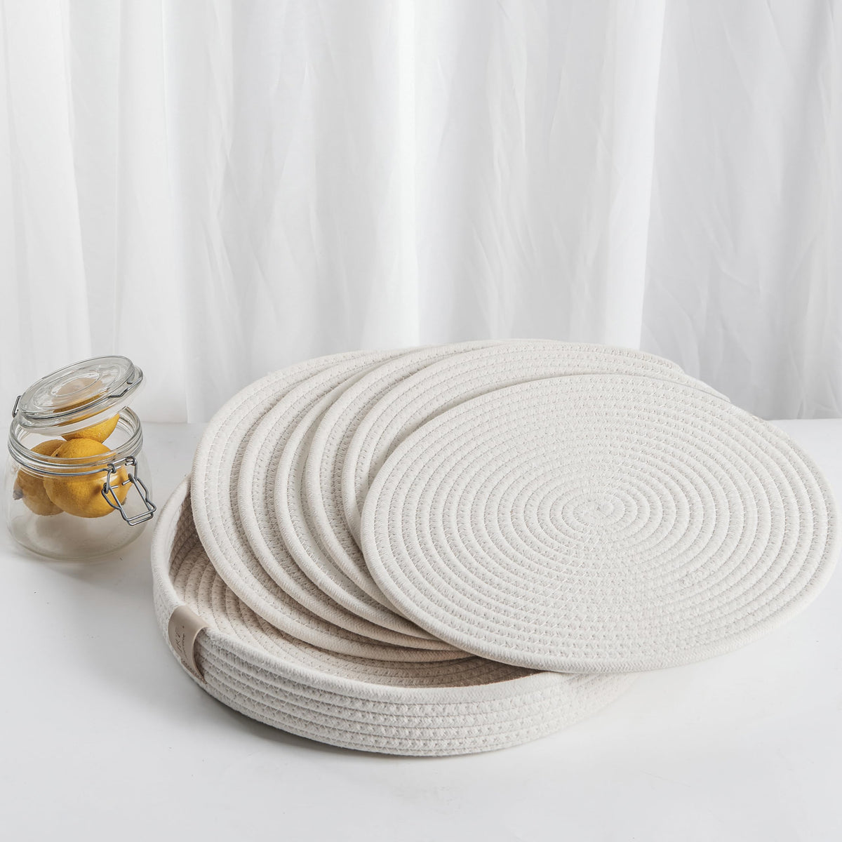 9-Piece Cotton Rope Placemats, Coasters & Holder, Off White