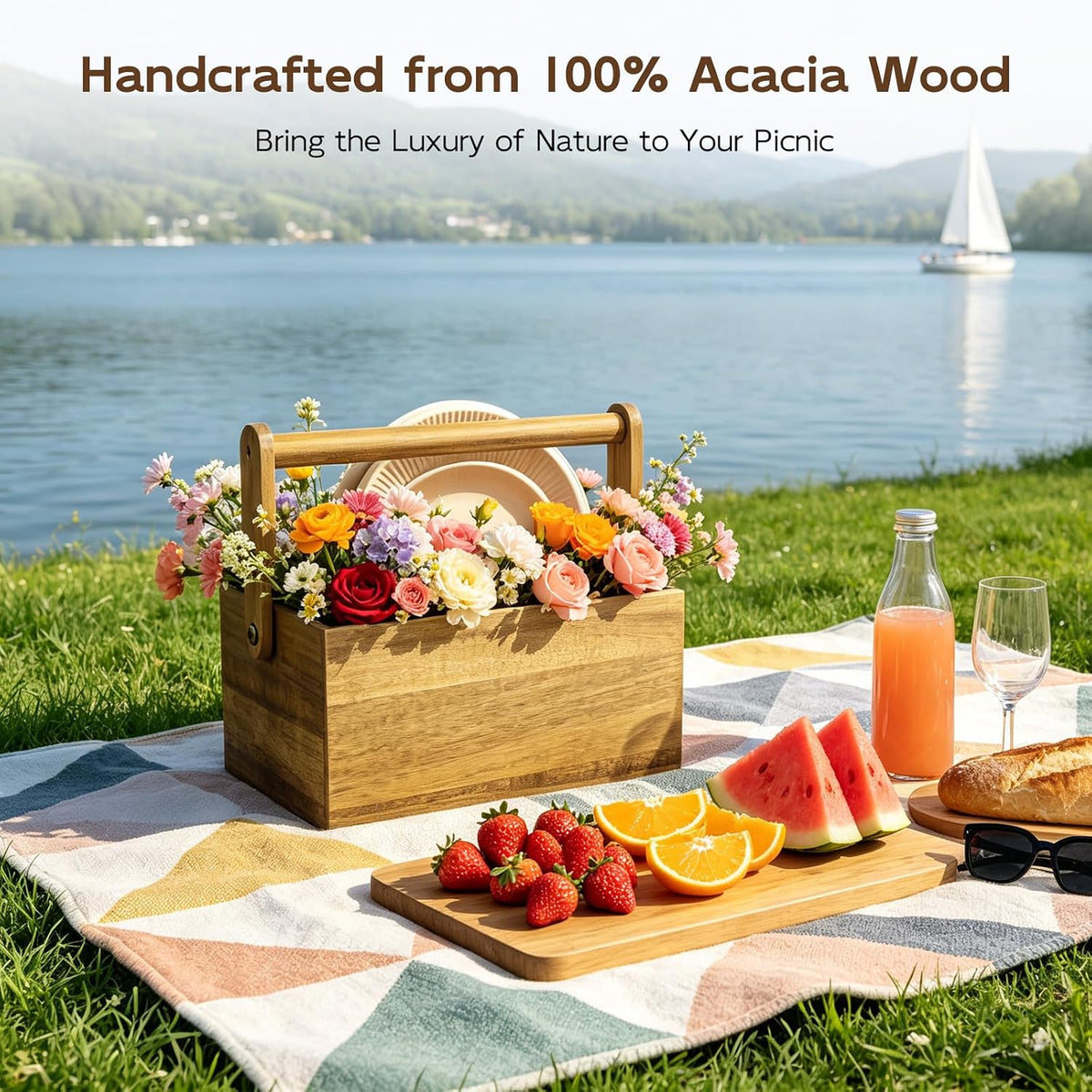 Acacia Silverware Holder, Paper Plate Holders with Handle, Picnic Silverware Caddy for Party, Cutlery Holder for Countertop, Wood Utensil Organizer for Home Kitchen & RV