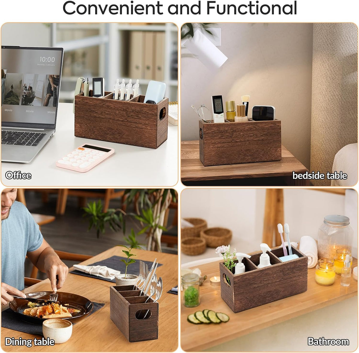 Wooden Utensil Holder Organizer for countertop, 3 Compartment Cutlery Caddy