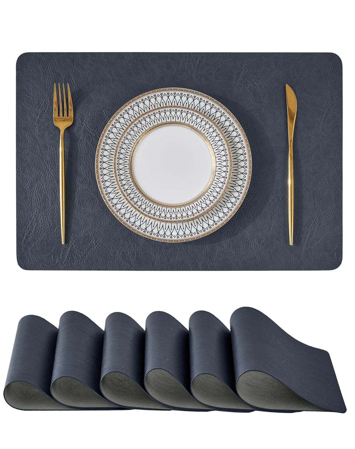 Reversible Faux Leather Placemats and Coasters Set of 4, 12x17 Inch – Hotel-Quality Heat Resistant & Waterproof Wipeable Table Mats, Non-Slip for Dining Kitchen (Mist Blue)