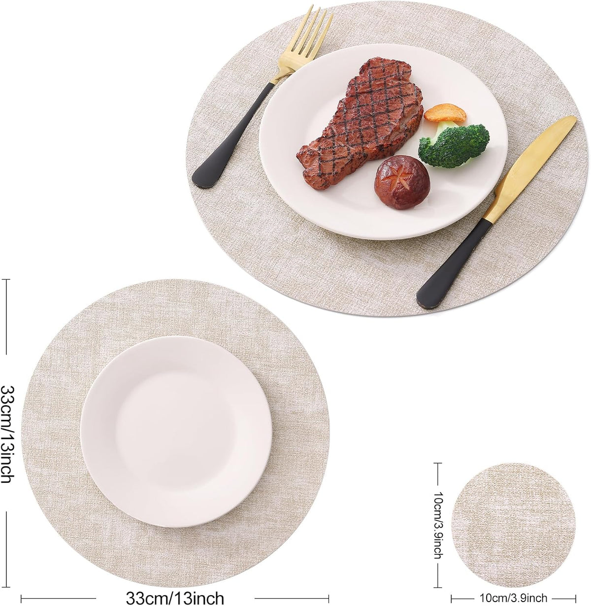 Homaxy Round Faux Leather Placemats and Coasters, Set of 6, Beige