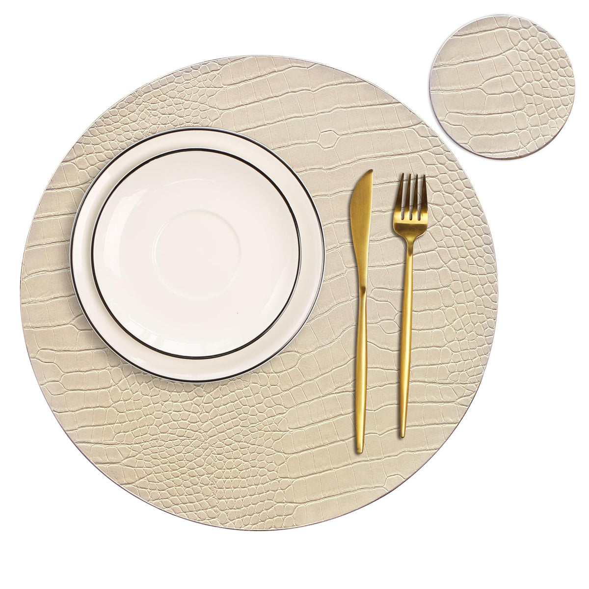Jovono Round Leather Placemats for Round Tables Set of 4, Brown Place Mats and Coasters, Wipeable Waterproof Heat Resistant Table Mats Easy to Care for Indoor Decor 13 inch Diameter