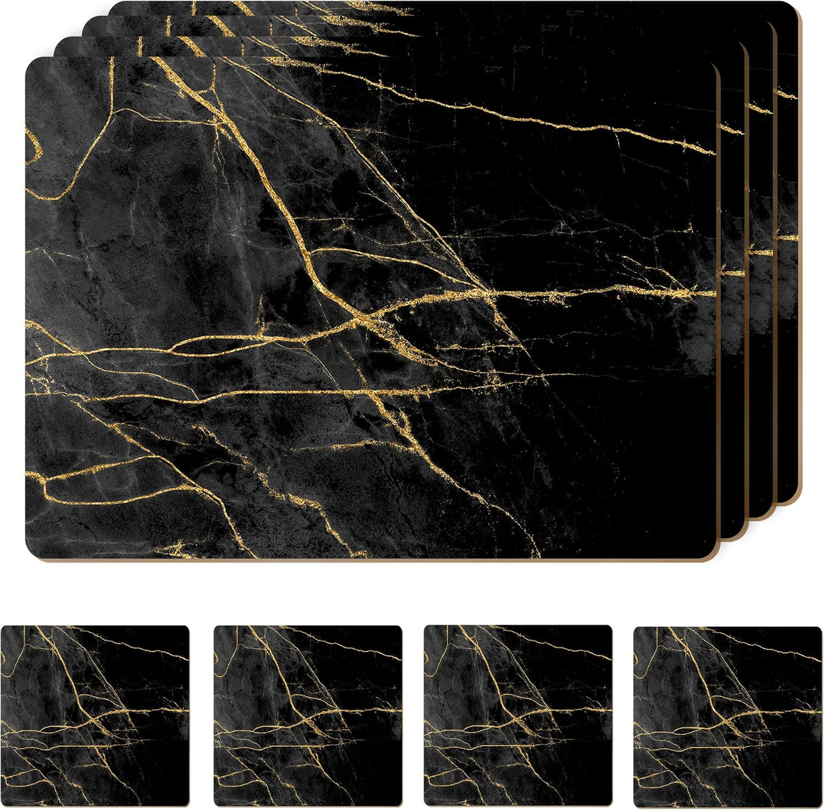 Set of 4 Heat Resistant Cork Placemats for Dining Table with Free Set of 4 Matching Drink Coasters Marble Design 16 x 12 Inches Cork Backed Hard Placemats (Black & Gold)