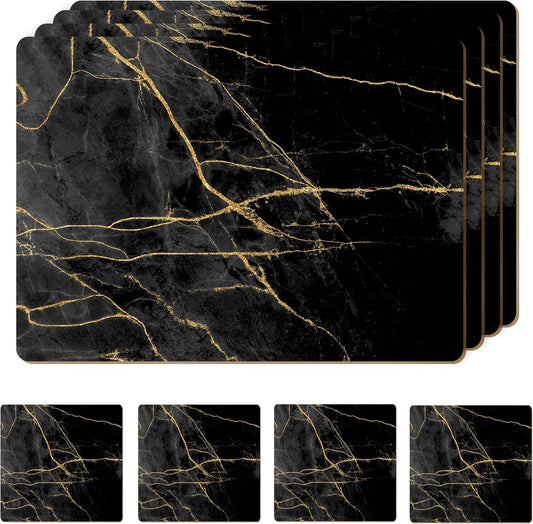 Set of 4 Heat Resistant Cork Placemats for Dining Table with Free Set of 4 Matching Drink Coasters Marble Design 16 x 12 Inches Cork Backed Hard Placemats (Black & Gold)