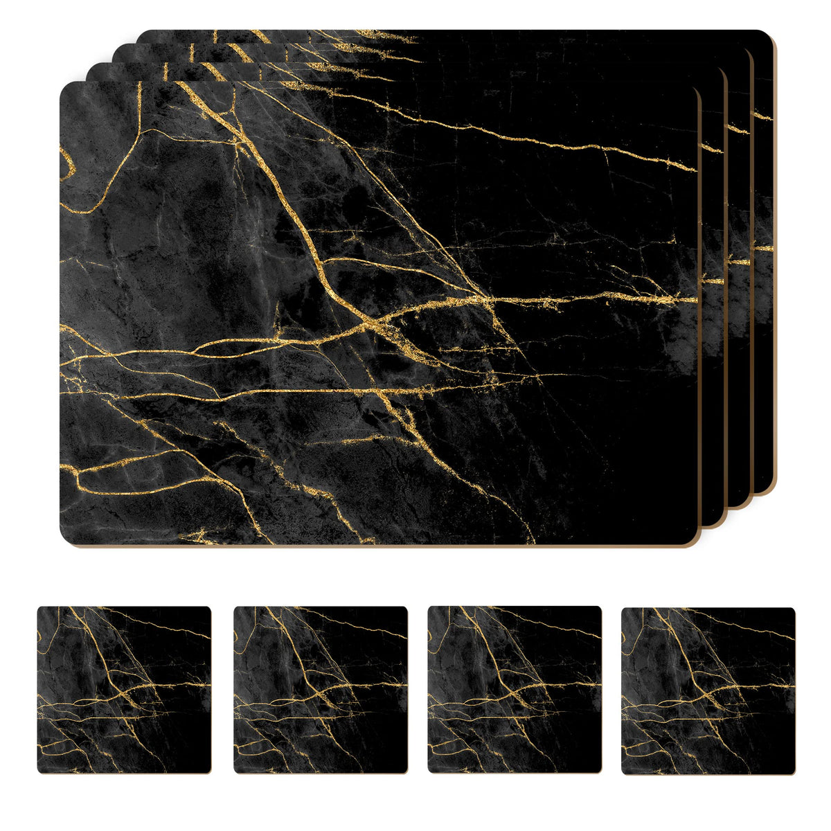 Set of 4 Heat Resistant Cork Placemats for Dining Table with Free Set of 4 Matching Drink Coasters Marble Design 16 x 12 Inches Cork Backed Hard Placemats (Black & Gold)